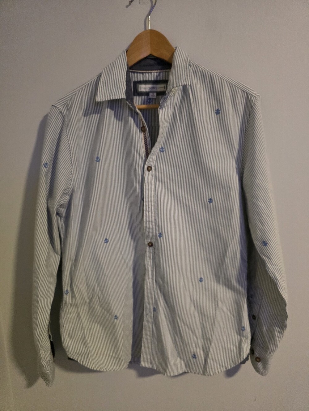 PD&C Men’s Blue White Striped Anchor Button Down Shirt Small Nautical - Picture 3 of 12